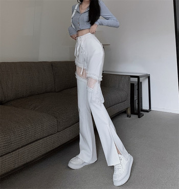 Ψηλόμεσο Slim Casual Split Λευκό Παντελόνι Γυναικείο ίσιο Φαρδύ Παντελόνι Δαντέλας Κούφι έξω Τζιν Cargo Pantalones Mujer