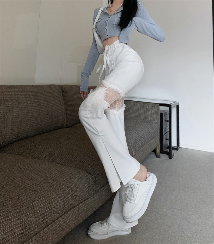 Ψηλόμεσο Slim Casual Split Λευκό Παντελόνι Γυναικείο ίσιο Φαρδύ Παντελόνι Δαντέλας Κούφι έξω Τζιν Cargo Pantalones Mujer