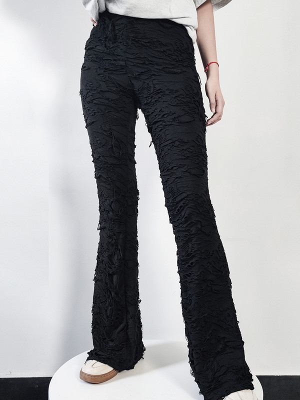 Yangelo Ladder Ripped Flare Kāju Bikses Bez Jostas Goth Punk Unisex Hole Cyber Y2K Bottoms Sexy High Waist Street Wear bikses