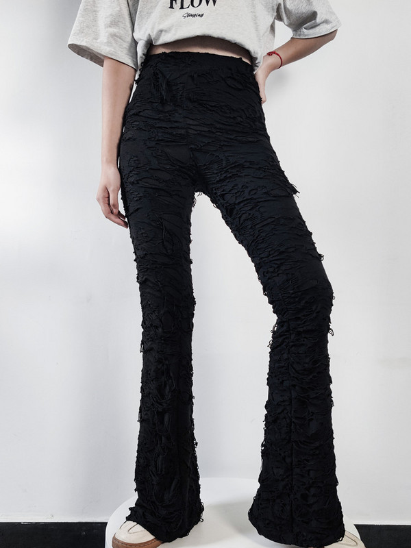 Yangelo Ladder Ripped Flare Kāju Bikses Bez Jostas Goth Punk Unisex Hole Cyber Y2K Bottoms Sexy High Waist Street Wear bikses