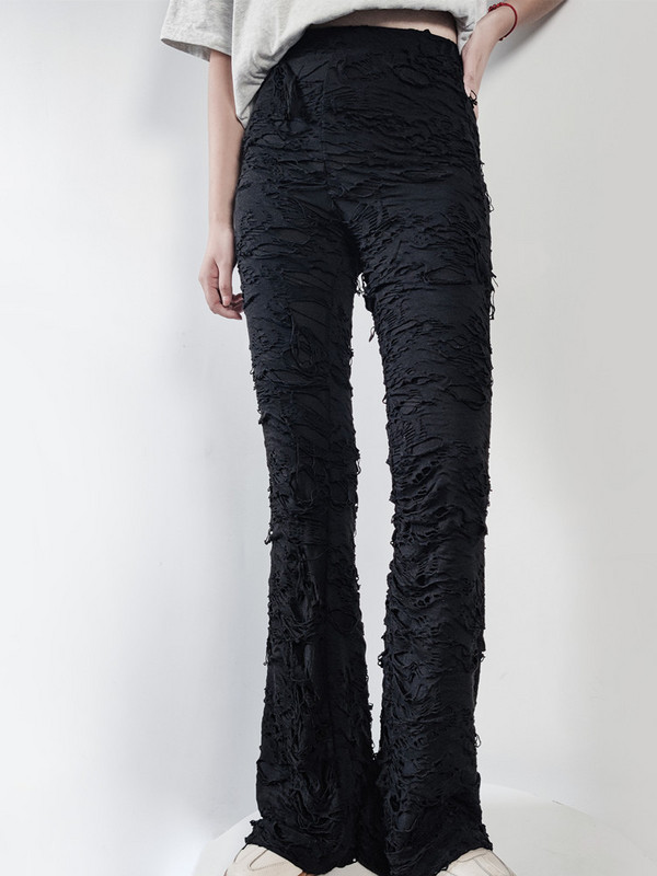 Yangelo Ladder Ripped Flare Kāju Bikses Bez Jostas Goth Punk Unisex Hole Cyber Y2K Bottoms Sexy High Waist Street Wear bikses