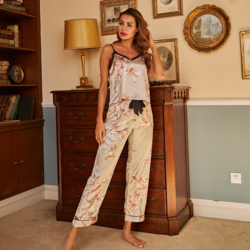 Ziedu guļamveļa Zīda satīna pidžamas garās pidžamas Sieviešu komplekts Naktsveļa Uzvalki Pidžamas Mājas Apģērbi Miega