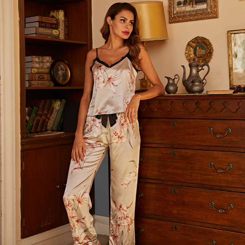 Ziedu guļamveļa Zīda satīna pidžamas garās pidžamas Sieviešu komplekts Naktsveļa Uzvalki Pidžamas Mājas Apģērbi Miega