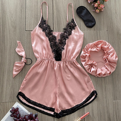 Satīna pidžamas komplekts priekšpusē ar volānu apakšmalu, elpojošs, elpojošs sieviešu mājas apģērbs