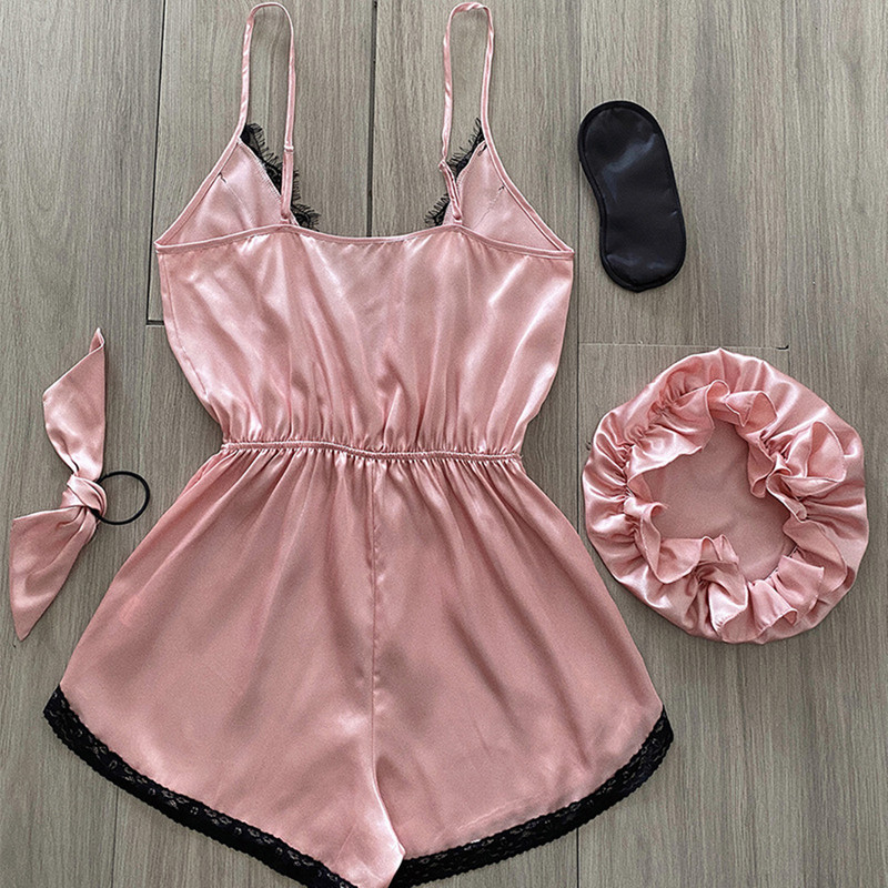 Satīna pidžamas komplekts priekšpusē ar volānu apakšmalu, elpojošs, elpojošs sieviešu mājas apģērbs