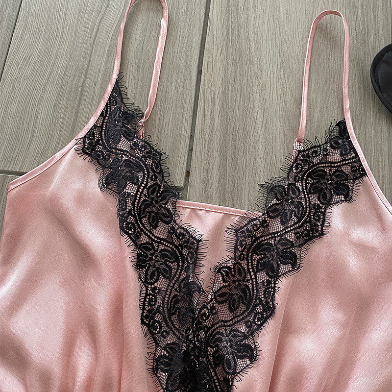 Satīna pidžamas komplekts priekšpusē ar volānu apakšmalu, elpojošs, elpojošs sieviešu mājas apģērbs