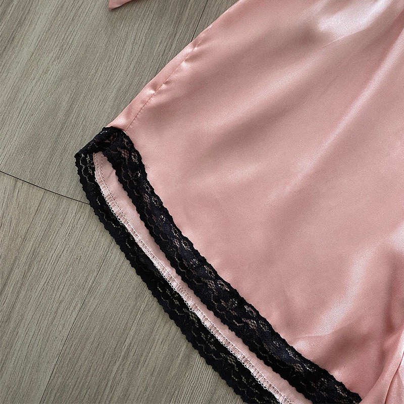 Satīna pidžamas komplekts priekšpusē ar volānu apakšmalu, elpojošs, elpojošs sieviešu mājas apģērbs