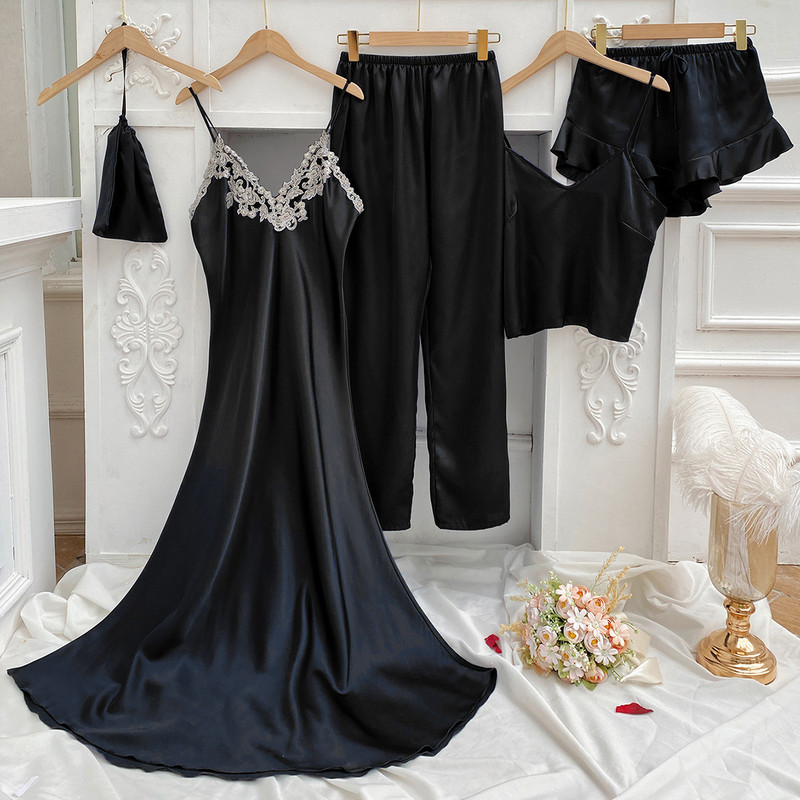 Seksīgs, pilns mežģīņu balts zīda pidžamas komplekts sievietēm, 5gb.