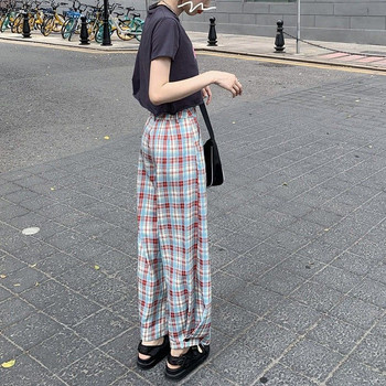 Γυναικεία Ρούχα Κορεάτικα κουμπιά Ψηλόμεσο Φαρδύ πόδι άνοιξη Preppy στυλ Ακανόνιστο φαρδύ παντελόνι Γυναικείο ριγέ παντελόνι μόδας