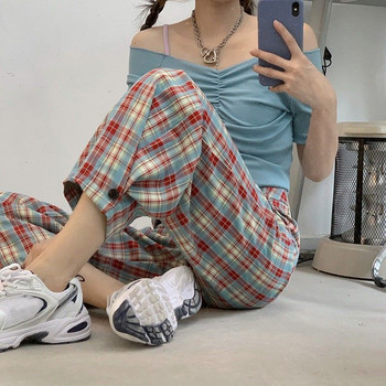 Γυναικεία Ρούχα Κορεάτικα κουμπιά Ψηλόμεσο Φαρδύ πόδι άνοιξη Preppy στυλ Ακανόνιστο φαρδύ παντελόνι Γυναικείο ριγέ παντελόνι μόδας