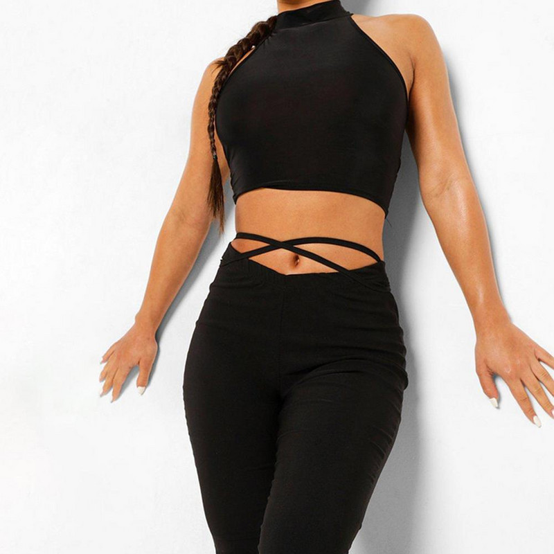 ženske hlače u obliku slova V Struk Cross Bandage dekor visokog struka uske duge hlače s otvorenim pupkom Ženske jednobojne ležerne lepršave hlače