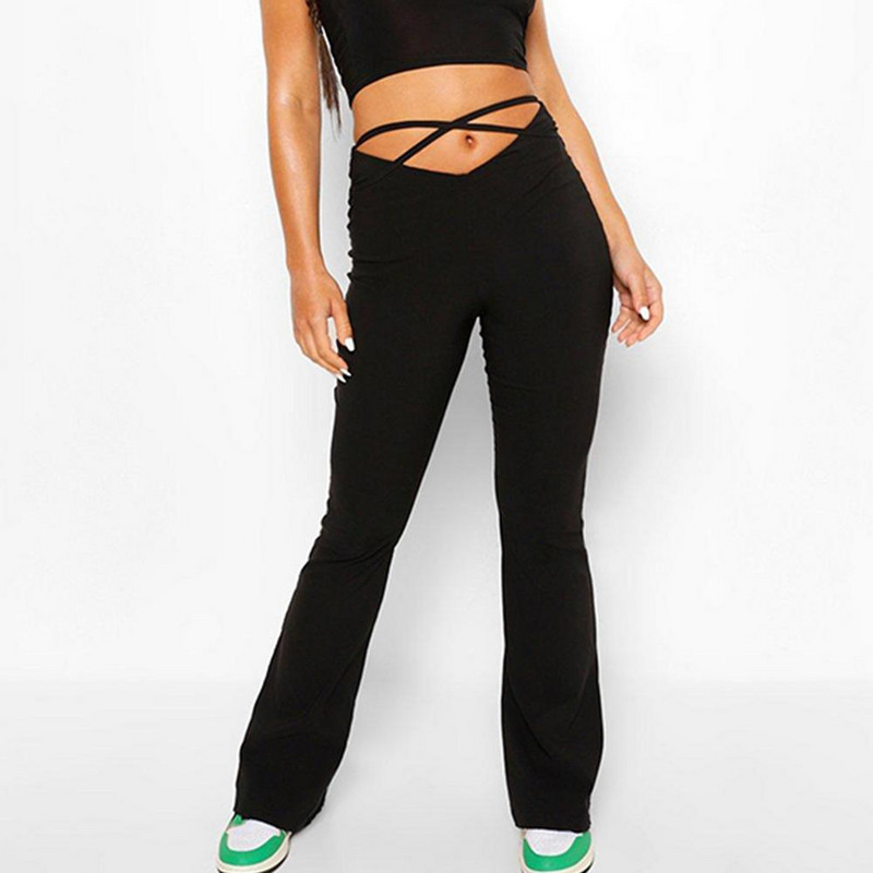 ženske hlače u obliku slova V Struk Cross Bandage dekor visokog struka uske duge hlače s otvorenim pupkom Ženske jednobojne ležerne lepršave hlače