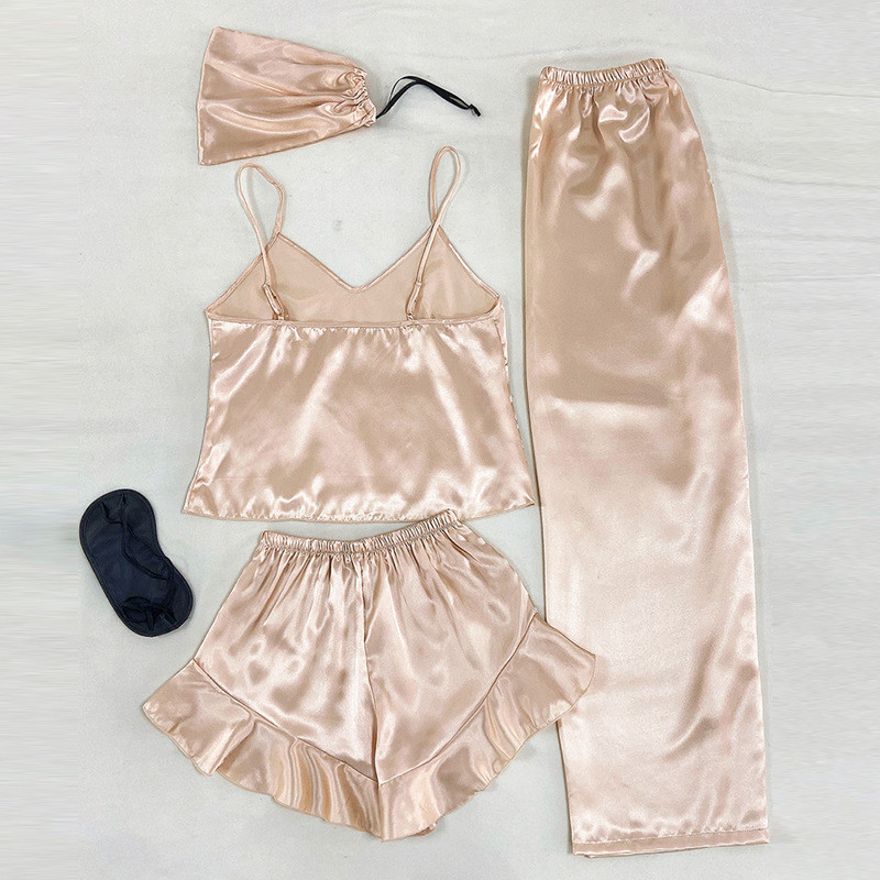 5 tk lilleprinteriga Satin Cami top & Cami kleit, lühikesed püksid ja hommikumantel koos kosmeetikakotiga