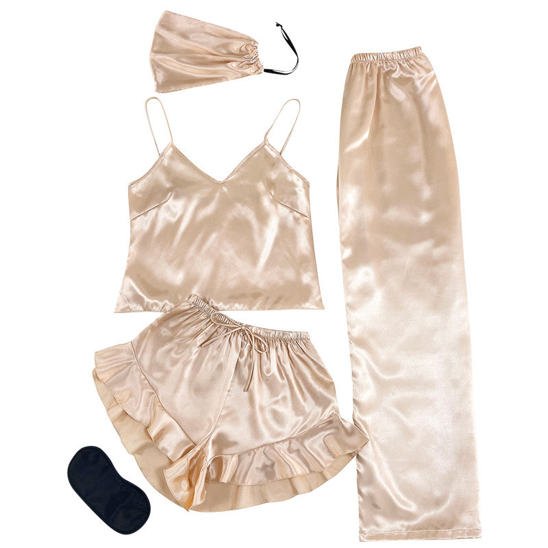 5 tk lilleprinteriga Satin Cami top & Cami kleit, lühikesed püksid ja hommikumantel koos kosmeetikakotiga