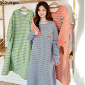 Γυναικείες ριγέ νυχτικά με μακρύ μανίκι με χοντρό φθινόπωρο Χειμώνας Γλυκό Φοιτητικό Υπερμεγέθη Πυζάμες Σαλόνι Χαριτωμένο Νυχτικό πάνω από τα Γόνατα