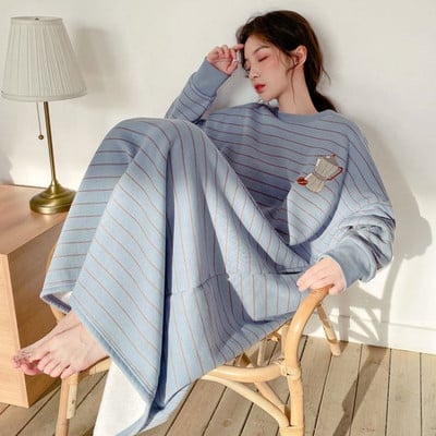 Γυναικείες ριγέ νυχτικά με μακρύ μανίκι με χοντρό φθινόπωρο Χειμώνας Γλυκό Φοιτητικό Υπερμεγέθη Πυζάμες Σαλόνι Χαριτωμένο Νυχτικό πάνω από τα Γόνατα