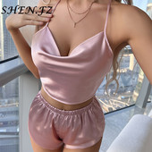 Sexy Top Sieviešu Pidžamas 2Gb komplekts Guļambikses Sieviešu Šorti Zīda Satīna Tops un Šorti Pidžamas Vasaras Pidžamas Komplekts Sievietēm