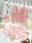 Satīna pidžamas komplekts priekšpusē ar volānu apakšmalu, elpojošs, elpojošs sieviešu mājas apģērbs