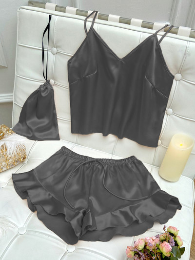 Satīna pidžamas komplekts priekšpusē ar volānu apakšmalu, elpojošs, elpojošs sieviešu mājas apģērbs