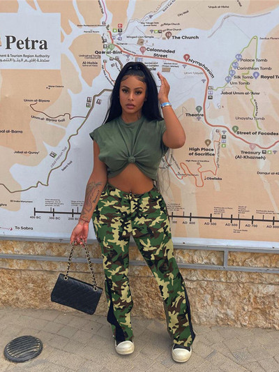 hirigin Női alkalmi nadrág terepszínű mintás cipzáras gombos kivitel Patchwork kiszélesedő egyenes nadrág utcai viselet