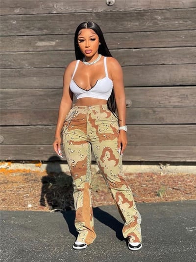 hirigin Női alkalmi nadrág terepszínű mintás cipzáras gombos kivitel Patchwork kiszélesedő egyenes nadrág utcai viselet