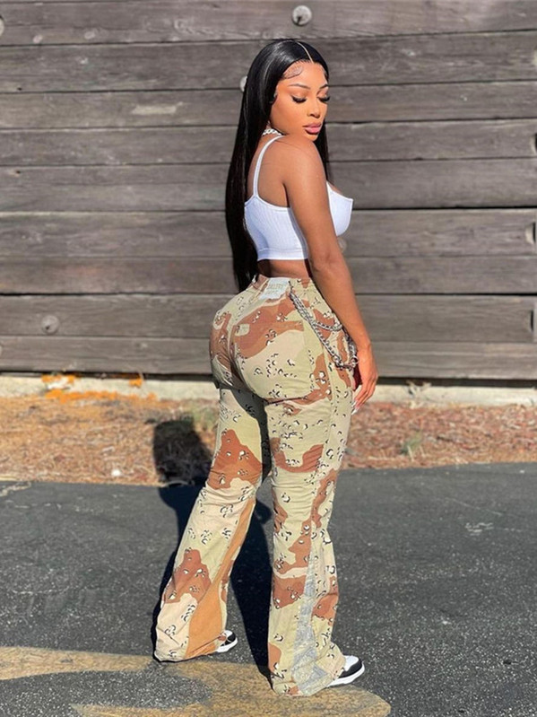 hirigin Női alkalmi nadrág terepszínű mintás cipzáras gombos kivitel Patchwork kiszélesedő egyenes nadrág utcai viselet