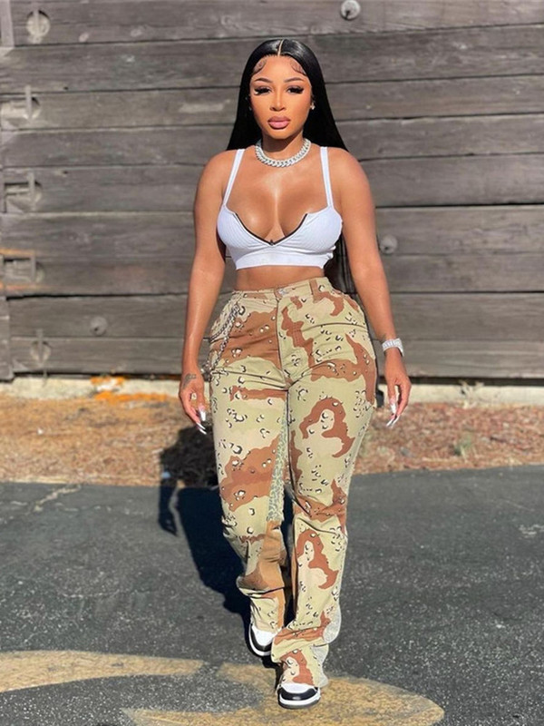 hirigin Női alkalmi nadrág terepszínű mintás cipzáras gombos kivitel Patchwork kiszélesedő egyenes nadrág utcai viselet