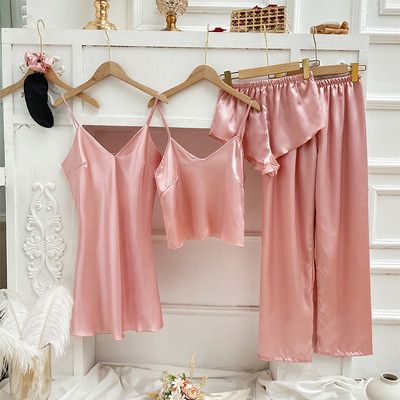 Nyári őszi egyszínű 4db szatén pizsama szett Kiváló minőségű hálóruha Női hálóruha