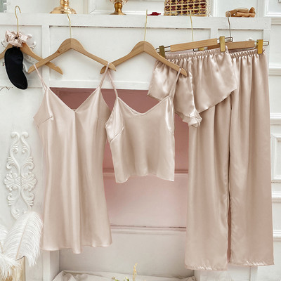 Nyári őszi egyszínű 4db szatén pizsama szett Kiváló minőségű hálóruha Női hálóruha