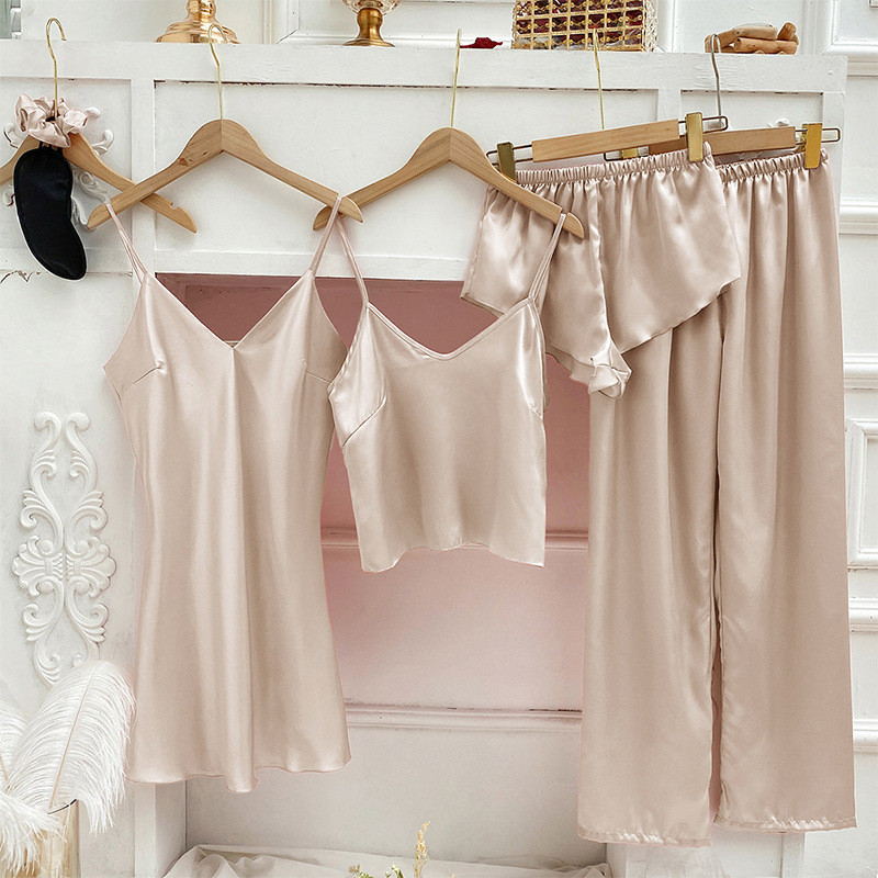 Nyári őszi egyszínű 4db szatén pizsama szett Kiváló minőségű hálóruha Női hálóruha