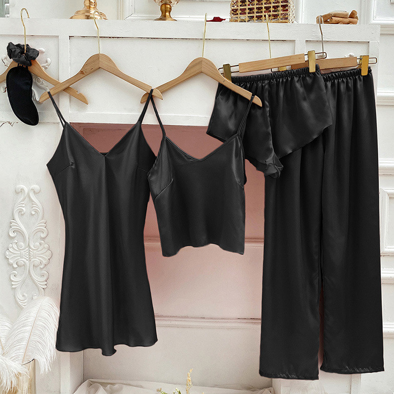 Nyári őszi egyszínű 4db szatén pizsama szett Kiváló minőségű hálóruha Női hálóruha