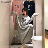 Νυχτικά Γυναικεία Primted Μεγάλο Μέγεθος 4XL Φθινοπωρινό μακρυμάνικο χαλαρό ζεστό πιτζάμα Κορεάτικο στυλ Chic Leisure Απαλό BF στη μέση της γάμπας