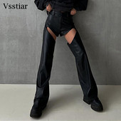 Vsstiar Δερμάτινο PU Flare Παντελόνι 2022 Νέο Σχέδιο Hollow Out Streetwear Μαύρο ίσιο παντελόνι Μόδα Φθινοπωρινό Χειμερινό Γυναικείο Παντελόνι