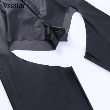 Vsstiar Δερμάτινο PU Flare Παντελόνι 2022 Νέο Σχέδιο Hollow Out Streetwear Μαύρο ίσιο παντελόνι Μόδα Φθινοπωρινό Χειμερινό Γυναικείο Παντελόνι
