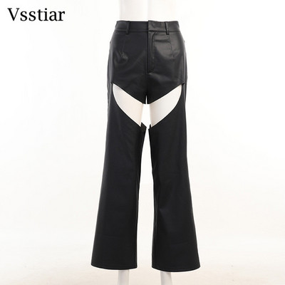 Vsstiar Δερμάτινο PU Flare Παντελόνι 2022 Νέο Σχέδιο Hollow Out Streetwear Μαύρο ίσιο παντελόνι Μόδα Φθινοπωρινό Χειμερινό Γυναικείο Παντελόνι