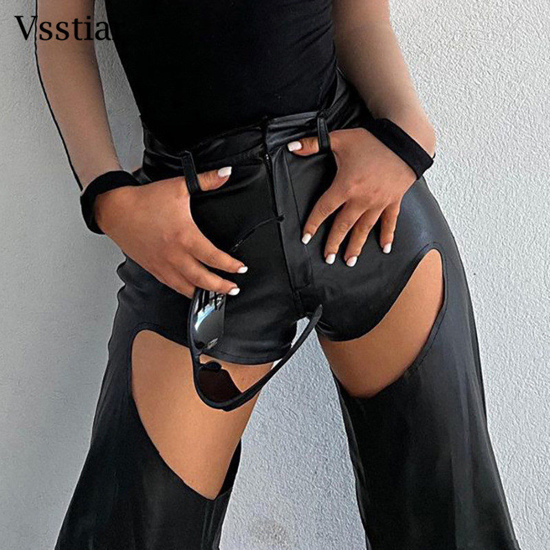 Vsstiar Δερμάτινο PU Flare Παντελόνι 2022 Νέο Σχέδιο Hollow Out Streetwear Μαύρο ίσιο παντελόνι Μόδα Φθινοπωρινό Χειμερινό Γυναικείο Παντελόνι