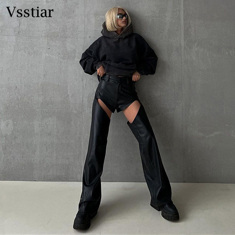 Vsstiar Δερμάτινο PU Flare Παντελόνι 2022 Νέο Σχέδιο Hollow Out Streetwear Μαύρο ίσιο παντελόνι Μόδα Φθινοπωρινό Χειμερινό Γυναικείο Παντελόνι