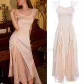 Négyszögű nyakú hálóruha női, hosszú szatén hálóing, csipke patchwork hálóing masnival, nyári elegáns, palotastílusú hálóruha