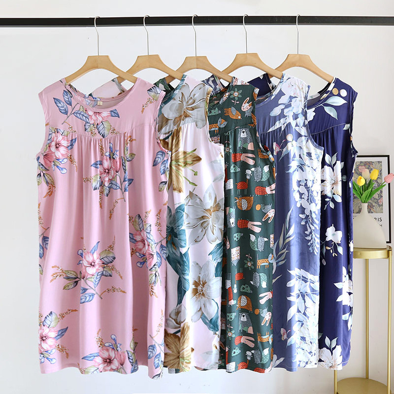 Nyári női hálóruha alvó felsők Pamut nagy virágmintás ujjatlan hálóingek Női túlméretezett bő női otthoni ruhák