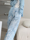 Casual floral παντελόνι για γυναίκες με ψηλή ελαστική μέση με φαρδύ πόδι Young Sweet Summer Thin Loose ολόσωμο Pantalones De Mujer Ulzzang