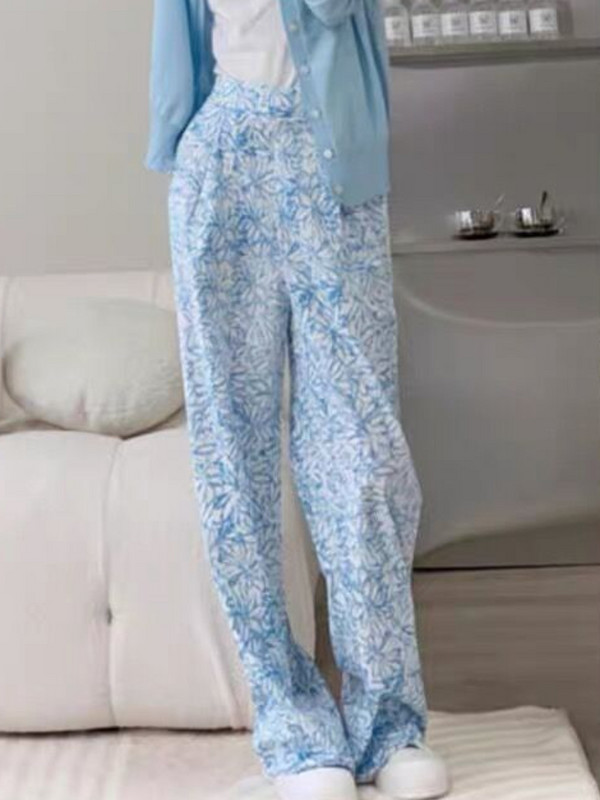 Casual floral παντελόνι για γυναίκες με ψηλή ελαστική μέση με φαρδύ πόδι Young Sweet Summer Thin Loose ολόσωμο Pantalones De Mujer Ulzzang