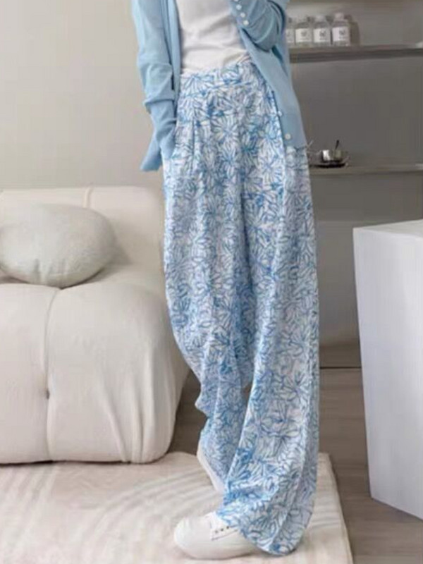 Casual floral παντελόνι για γυναίκες με ψηλή ελαστική μέση με φαρδύ πόδι Young Sweet Summer Thin Loose ολόσωμο Pantalones De Mujer Ulzzang