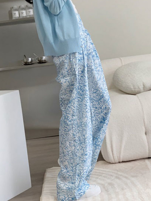 Casual floral παντελόνι για γυναίκες με ψηλή ελαστική μέση με φαρδύ πόδι Young Sweet Summer Thin Loose ολόσωμο Pantalones De Mujer Ulzzang