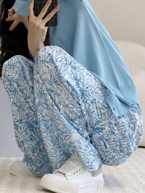 Casual floral παντελόνι για γυναίκες με ψηλή ελαστική μέση με φαρδύ πόδι Young Sweet Summer Thin Loose ολόσωμο Pantalones De Mujer Ulzzang