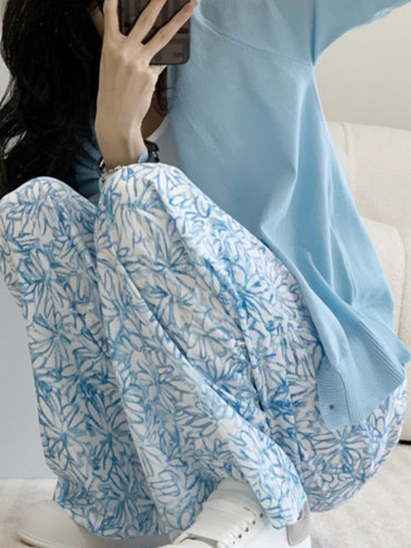 Casual floral παντελόνι για γυναίκες με ψηλή ελαστική μέση με φαρδύ πόδι Young Sweet Summer Thin Loose ολόσωμο Pantalones De Mujer Ulzzang