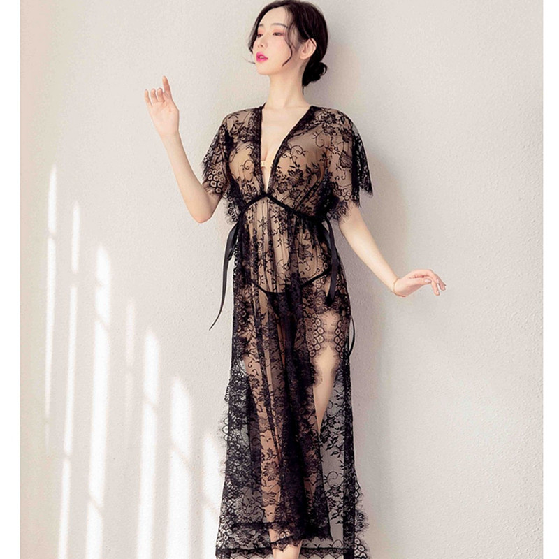 Seksikas pikk kleit hommikumantel Naiste hommikumantlid Deep V pitspesu Seksikas öösärk hommikumantel naiste magamisriided Öösärk Öösärk Pikk