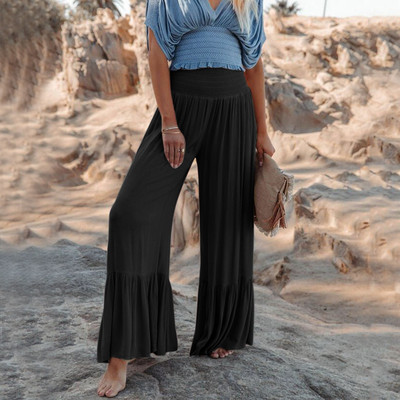 Rakott, széles szárú nadrág Női alkalmi bő, tömör lobogó nadrág Divat irodai női elegáns hosszú palazzo nadrág magas derekú Ropa