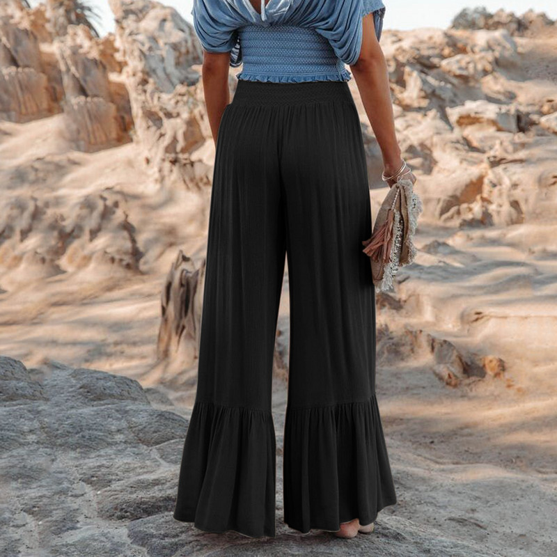 Rakott, széles szárú nadrág Női alkalmi bő, tömör lobogó nadrág Divat irodai női elegáns hosszú palazzo nadrág magas derekú Ropa