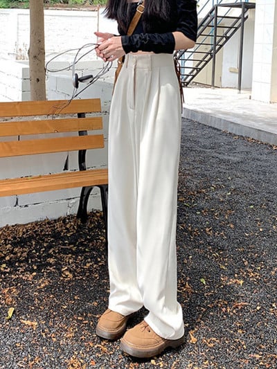 Ikdienas Bikses Sievietēm Vasaras Augsts Viduklis Platas Kājas Pamata Vienkāršs Brīvais laiks Elegants Ikdienas Vispārpiemērots korejiešu stils Šiks Брюки Женские Jaunums