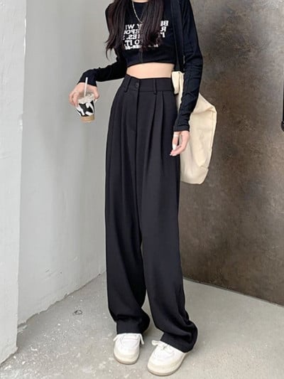 Ikdienas Bikses Sievietēm Vasaras Augsts Viduklis Platas Kājas Pamata Vienkāršs Brīvais laiks Elegants Ikdienas Vispārpiemērots korejiešu stils Šiks Брюки Женские Jaunums